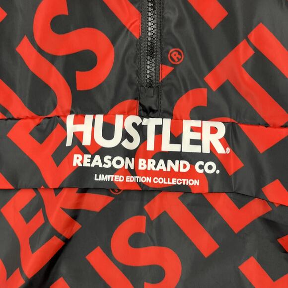 Hustler Jacket Mens L Half-Zip Anork Red Black Hooded Allover Print Reason Brand - Picture 2 of 9
